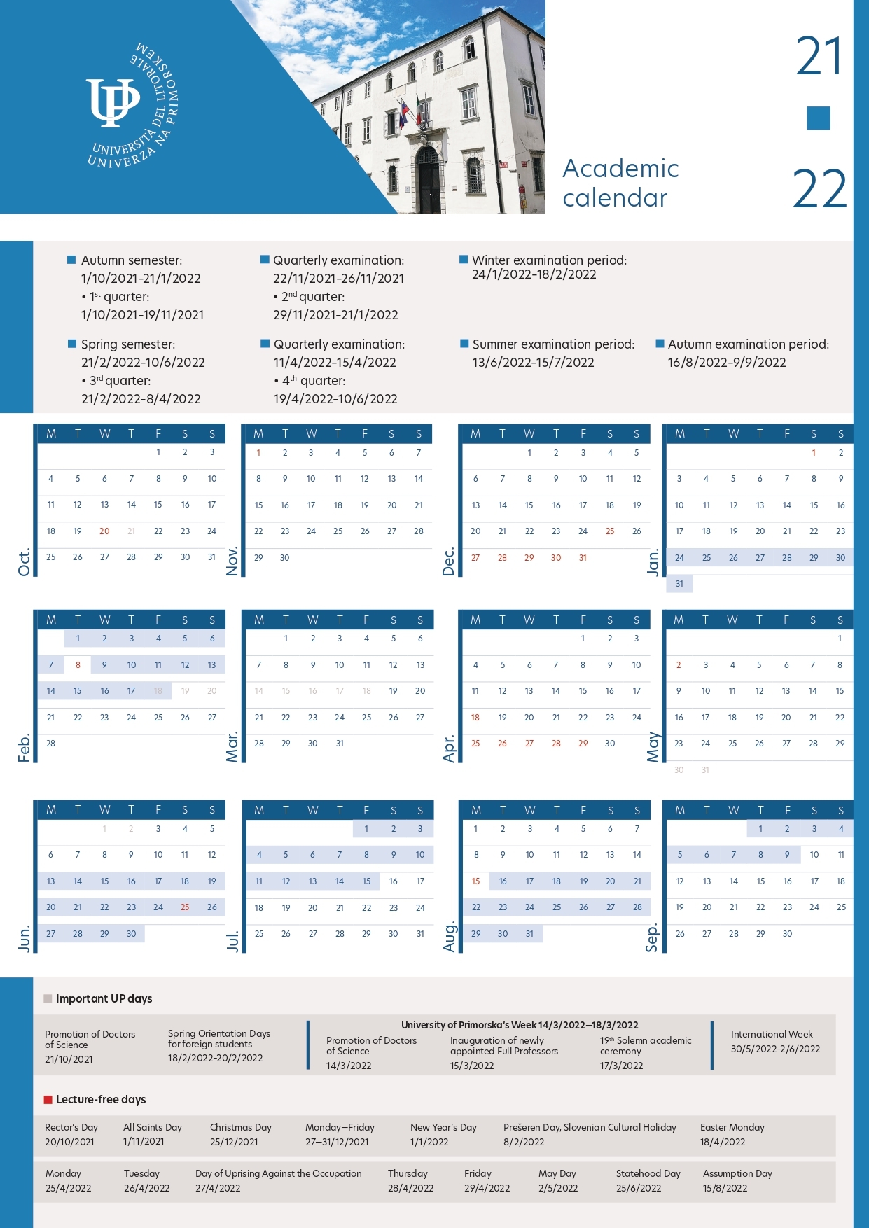 Study Calendar for the Academic Year 2021/22 UP FAMNIT